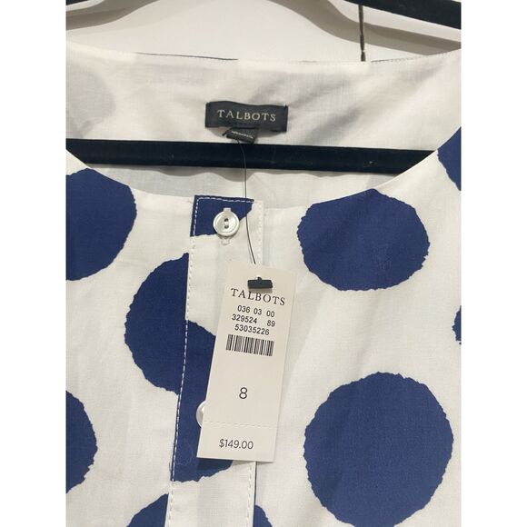 Talbots Dress Sz. 8 Polka Dot White Navy Button Pleat Fit Flare Sleeveless Belt - Picture 6 of 16